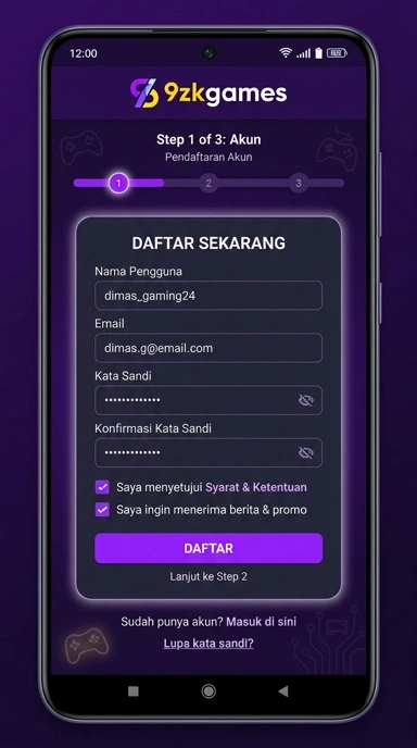 Tampilan halaman daftar 9zkgames