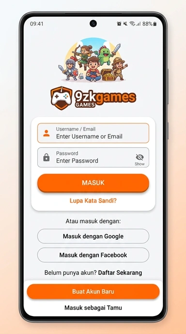 Tampilan halaman login 9zkgames